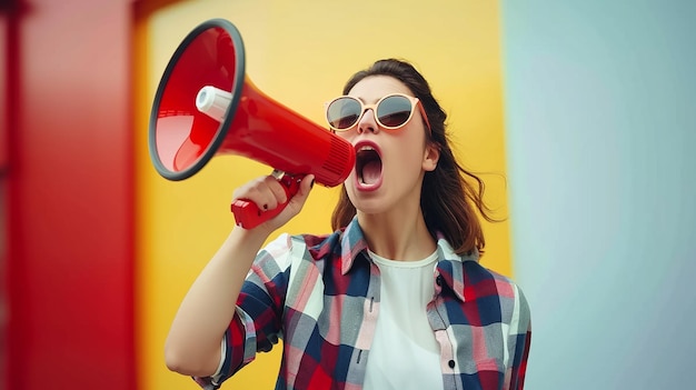 Mulher gritando através do megafone de fundo