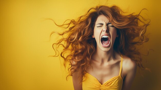 mulher gritando com cabelos compridos e enrolados em estúdio amarelo