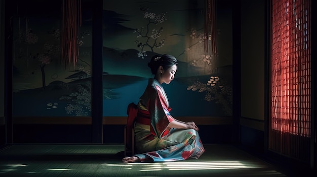 Mulher gueixa japonesa em sua típica posição de descanso sozinha no meio de uma sala geração 3d AI
