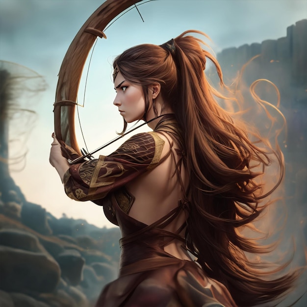 Foto mulher guerreira com cabelos longos no vento