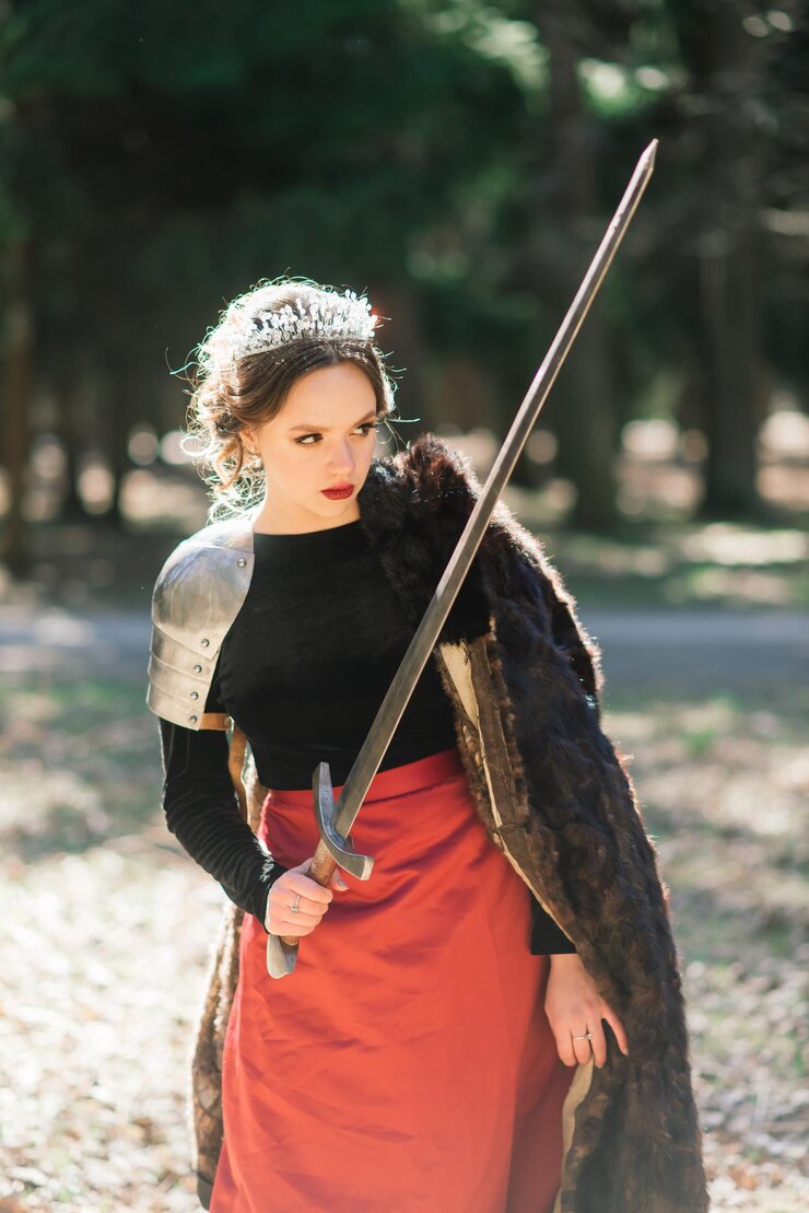 Foto mulher guerreira medieval armada em armadura posando em pé no fundo da floresta e pôr do sol.