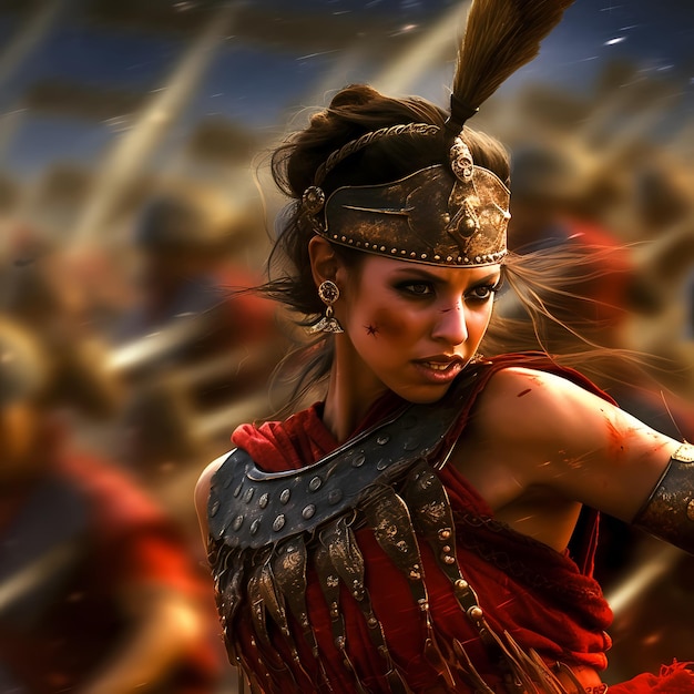 Mulher guerreira na armadura e com o conceito de espada