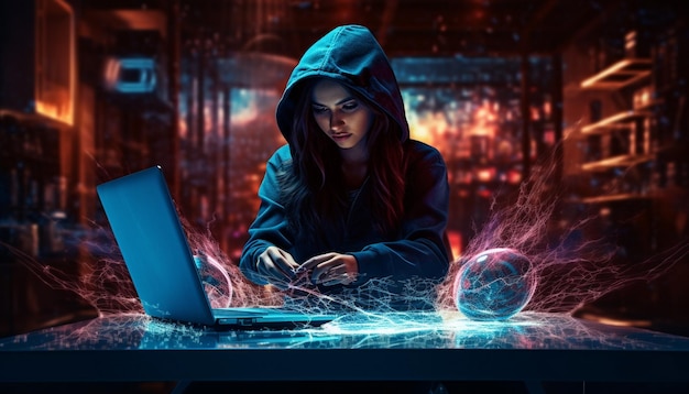 Foto mulher hacker lançando um ataque cibernético no firewall do banco