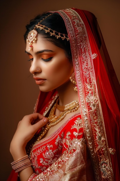 Mulher hindu em roupa de casamento vermelha e dourada IA geradora