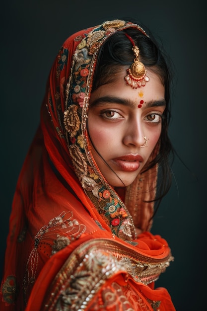 Mulher hindu em roupa tradicional vermelha e dourada IA generativa
