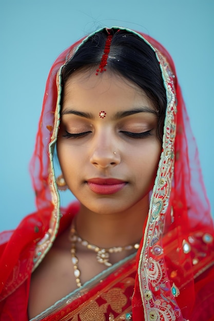 Mulher hindu em sari vermelho com olhos fechados IA gerativa