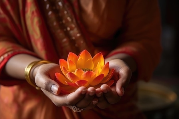 Mulher hindu segurando símbolo de flor de lótus de renascimento perto de IA generativa