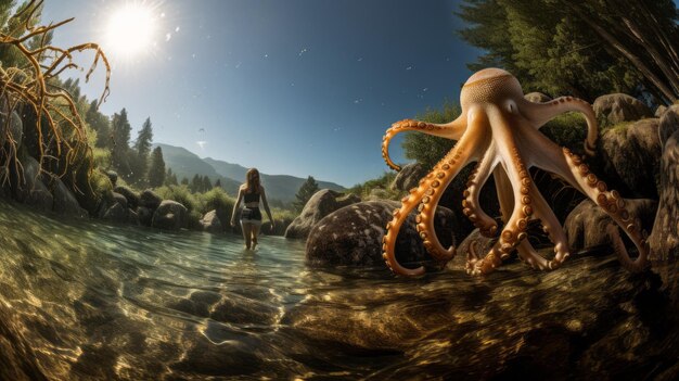 Foto mulher hiperrealista caminhando com polvo em paisagem inspirada em terragen