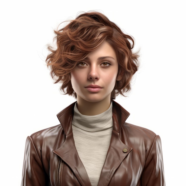 Foto mulher hiperrealista em 3d com casaco e cabelo vermelho à venda