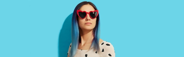 Mulher hipster com cabelo azul usando óculos de sol Garota caucasiana séria olhando para cima Venda de moda primavera verão