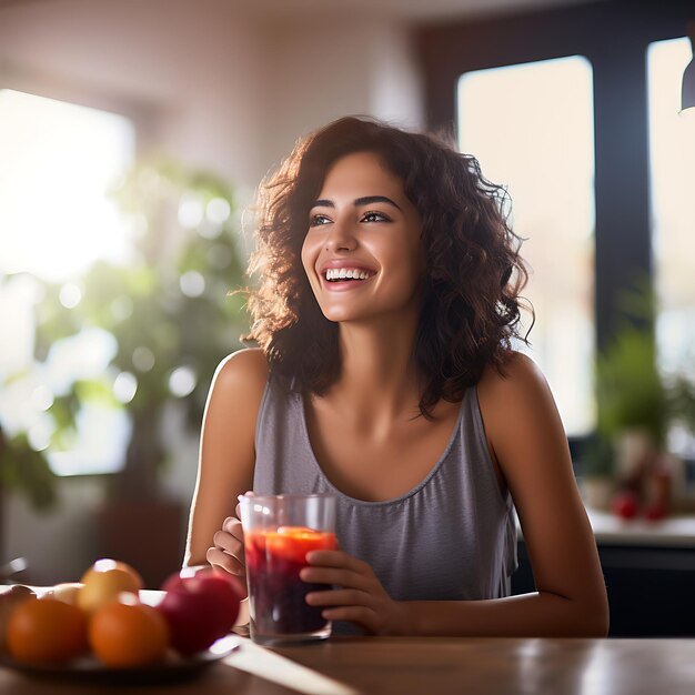 Foto mulher hispânica desfrutando de suco de frutas em casa