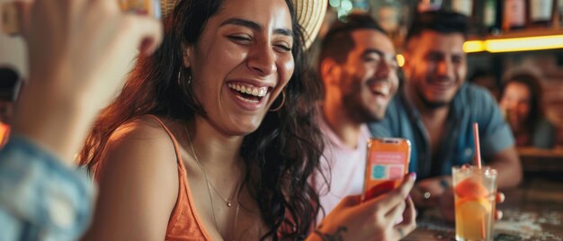 Foto mulher hispânica mostra coisas interessantes para seus amigos em seu smartphone enquanto eles se divertem em um bar hipster eles rem de piadas e bebem para seus corações39 conteúdo