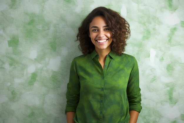 Mulher hispânica radiante em uma camisa verde