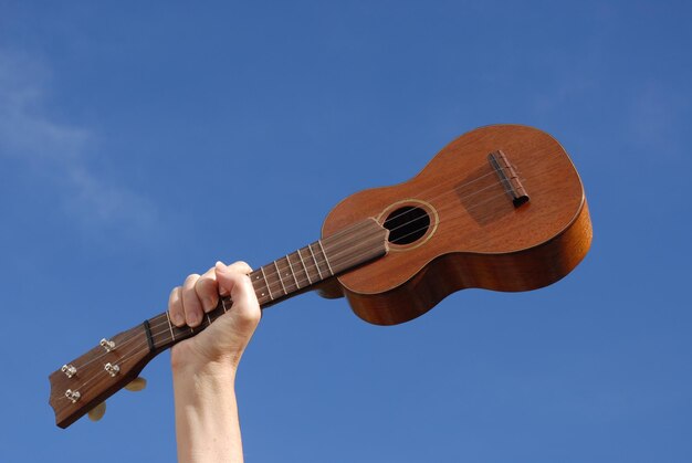 Foto mulher_holding_a_soprano_ukulele_up_in_the_air_agai