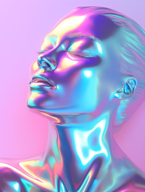 Mulher holográfica contra um fundo rosa e azul em gradiente exalando serenidade IA generativa
