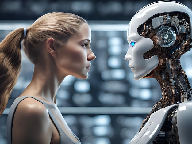 Foto mulher humana moderna cara a cara versus inteligência artificial ai