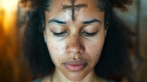 Mulher humilde com uma cruz de cinza na testa no templo na quarta-feira de cinzas