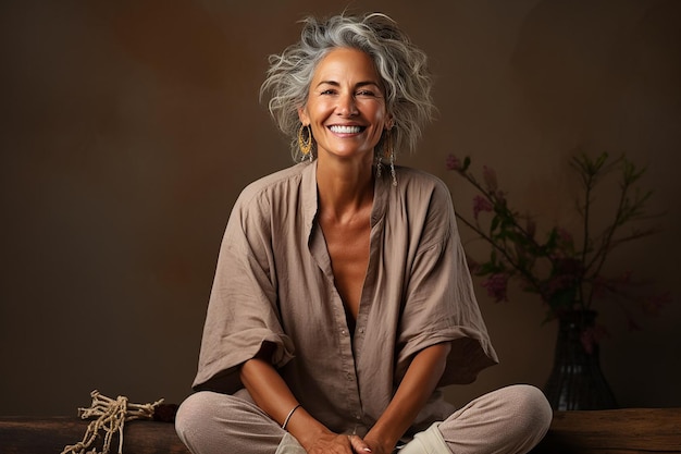 mulher idade idoso adulto sênior cabelo grisalho cabelo branco bonita sorriso Dentes ioga meditação