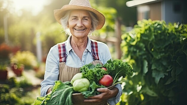 Mulher idosa a jardinar