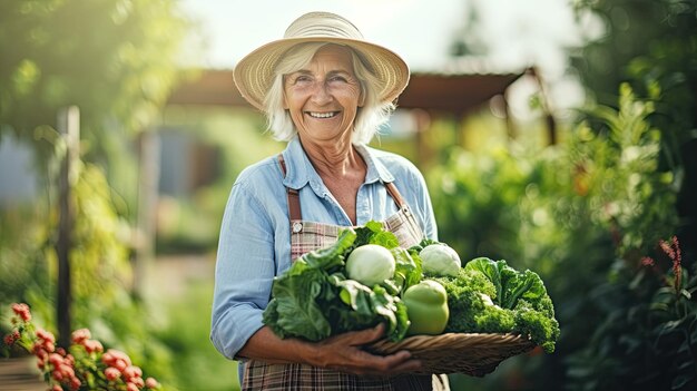 Mulher idosa a jardinar