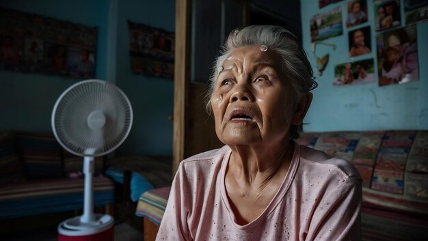 Foto mulher idosa a lutar com febre alta