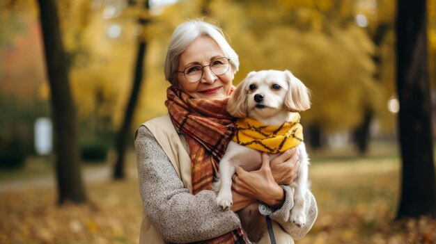 Mulher idosa abraça seu cachorro beagle no campo