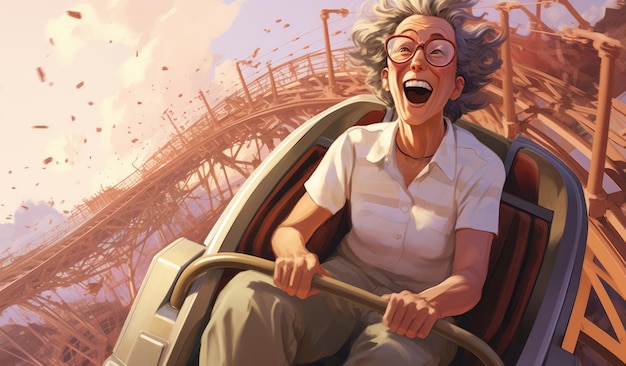 Mulher idosa alegre a andar num parque de diversões