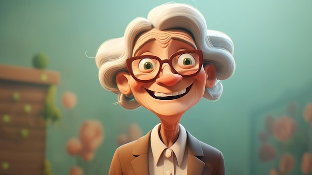 Mulher idosa alegre cumprimentando a câmera Personagem de desenho animado feminino idoso sorrindo para a câmera