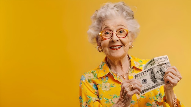 Foto mulher idosa alegre segurando dinheiro em fundo amarelo conceito de segurança financeira na aposentadoria retrato de senhora mais velha alegre ai