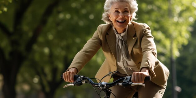 Foto mulher idosa alegremente andando de bicicleta no parque cabelo prateado luz do sol liberdade arredores verdes ai generativa.