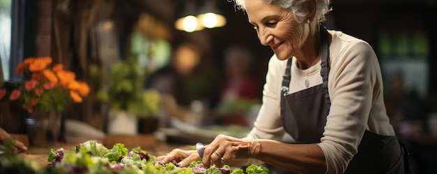 Foto mulher idosa assistindo a uma experiência de culinária