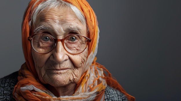Foto mulher idosa atenciosa usando óculos e um lenço olhando para a câmera com um sorriso caloroso