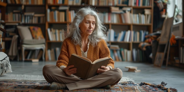 Foto mulher idosa calma lendo um livro enquanto está sentada na sala de estar