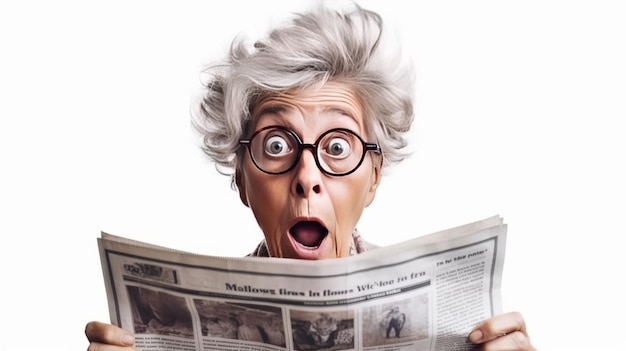 mulher idosa chocada lendo jornal isolada em panorama branco