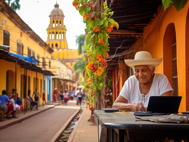 Foto mulher idosa colombiana trabalhando em um laptop em um ambiente urbano vibrante