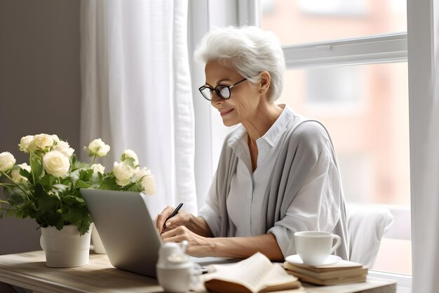 Mulher idosa com cabelos brancos trabalhando em laptop em casa Mulher velha usando notebook Generative Ai