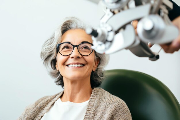 Foto mulher idosa com óculos faz um exame ocular em um oftalmologista especializado