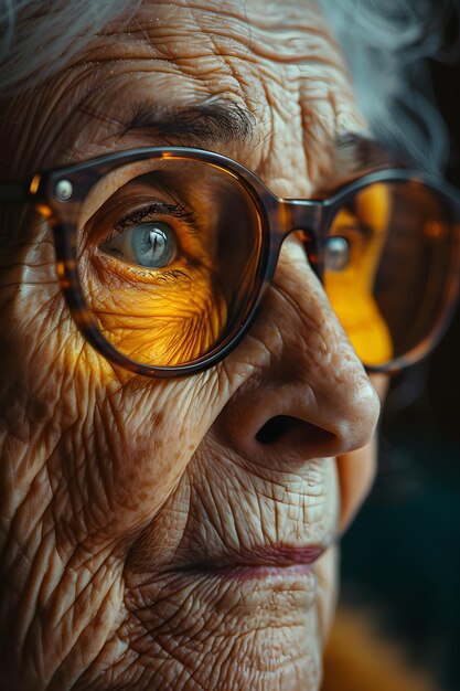 Mulher idosa com óculos, rugas e um sorriso em um autorretrato
