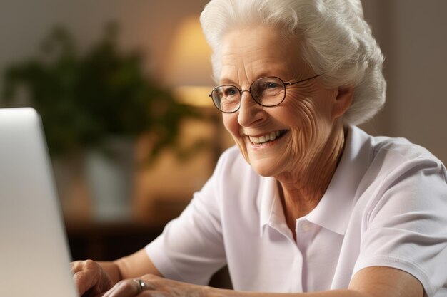 Foto mulher idosa com óculos usando alegremente um laptop em casa