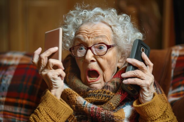 mulher idosa com telefone surpreendido