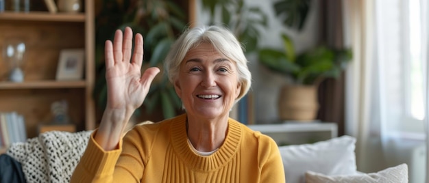 Mulher idosa com um sorriso caloroso acenando para cumprimentar durante uma videochamada em casa