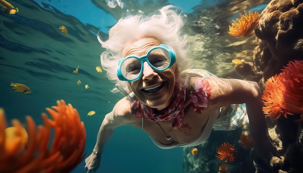 mulher idosa com uma máscara para mergulhar no mar perto de corais