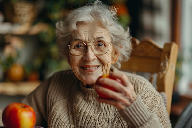 Mulher idosa comendo maçã em cadeira