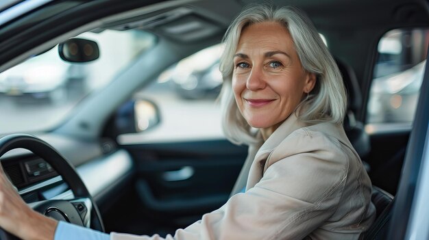 Mulher idosa confiante a conduzir o carro durante o dia