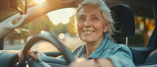 Mulher idosa confiante a conduzir o carro durante o dia