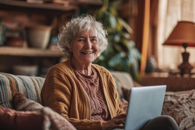 Mulher idosa confiante abraçando a tecnologia Pensionista sorridente desfrutando da tecnologia sem fio em casa