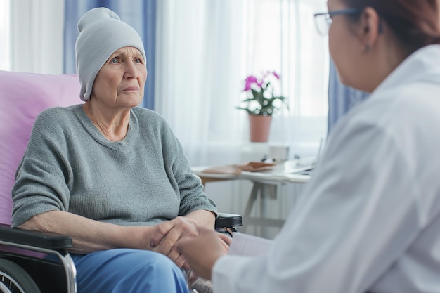 Mulher idosa consulta com o médico sobre o tratamento e dá esperança Mulher cuidadora em casaco branco apoiando encorajando a pessoa idosa Conceito do Dia Mundial do Câncer