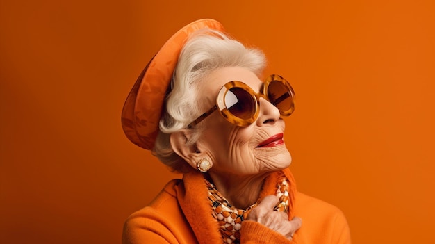 Mulher idosa de óculos de sol brancos em maquiagem avó no estúdio sorrindo com um rico fundo laranja GENERATE AIxAxA