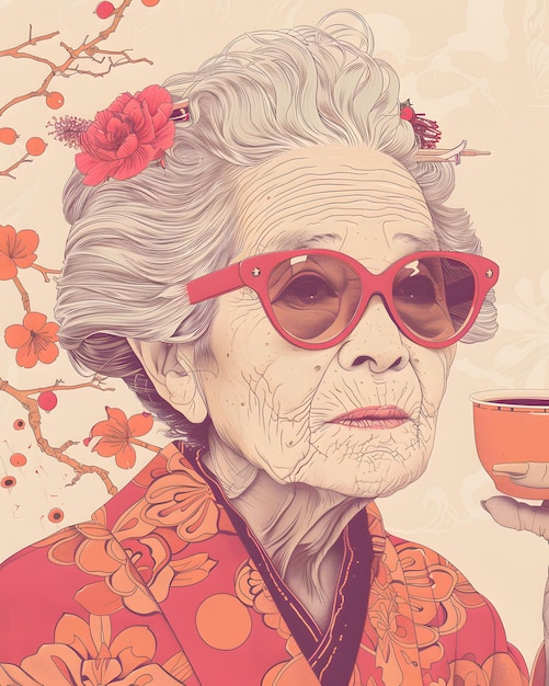 Mulher idosa de óculos de sol kimono segura xícara de café