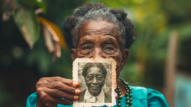 Foto mulher idosa de pele escura segurando uma fotografia vintage